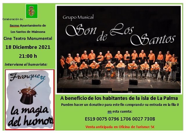 Cartel de un concierto benéfico en Los Santos de Maimona para recaudar fondos para los afectados por el volcán de La Palma