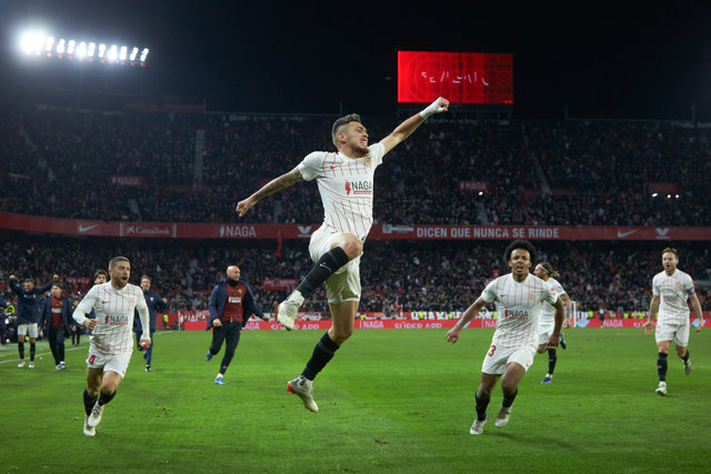 Lucas Ocampos of Sevilla celebrates a goal during the spanish league, La Liga Santander, football match played between Sevilla FC and Atletico de Madrid at Ramon Sanchez-Pizjuan stadium on December 18, 2021, in Sevilla, Spain.