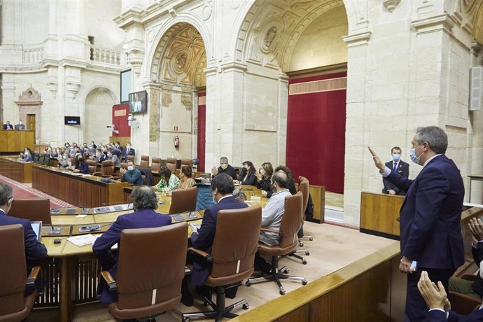 El senador electo, Juan Espadas, saluda al hemiciclo durante la designación por el Parlamento andaluz.