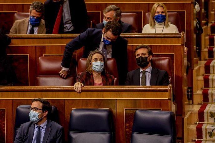 (Fila centro) El líder del PP, Pablo Casado (1d), y la portavoz del Grupo Popular en el Congreso, Cuca Gamarra (1i), en una sesión plenaria en el Congreso 