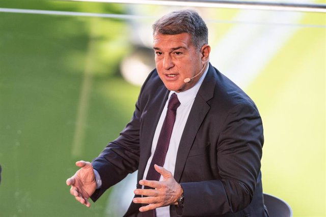 Joan Laporta president of FC Barcelona attends during a press conference to announce his retirement from football at Camp Nou stadium on December 15, 2021, Barcelona, Spain.
