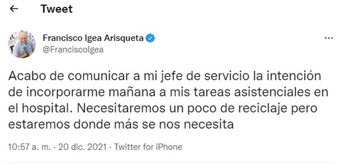 Mensaje en el que Igea asegura que ha solicitado reincorporarse al Hospital de Palencia.
