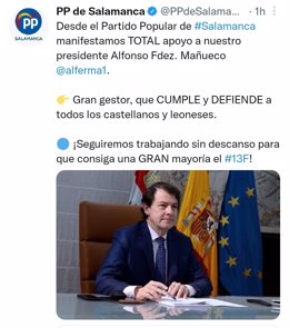 Tuit del PP de Salamanca en apoyo a Alfonso Fernández Mañueco.