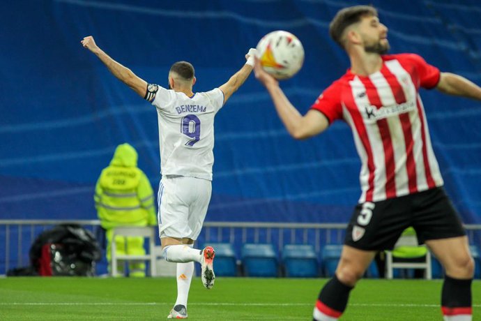 Karim Benzema of Real Madrid celebrates a goal during La liga football match played between Real Madrid and Athletic de Bilbao at Santiago Bernabeu stadium on December 1, 2021, in Madrid, Spain.