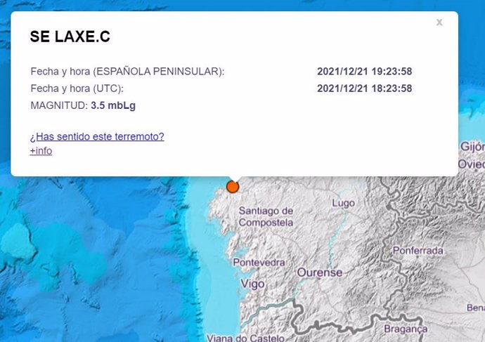 Imagen del mapa de sismos del Instituto Geográfico Nacional, con un terremoto registrado en Laxe el 21 de diciembre de 2021, que no produjo daños personales ni materiales.