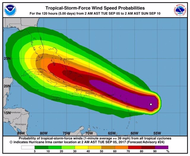 Archivo -    El huracán 'Irma' se ha fortalecido este martes hasta convertirse en una tormenta de categoría 5 mientras sigue avanzando hacia el oeste del Océano Atlántico y Puerto Rico y Florida se preparan para su posible llegada, según indicó el Centro 