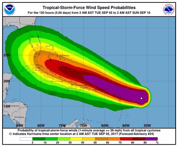Archivo -    El huracán 'Irma' se ha fortalecido este martes hasta convertirse en una tormenta de categoría 5 mientras sigue avanzando hacia el oeste del Océano Atlántico y Puerto Rico y Florida se preparan para su posible llegada, según indicó el Centr