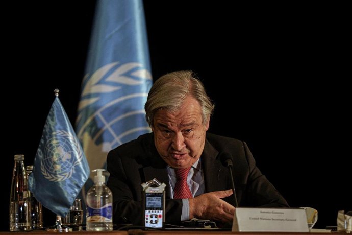 El secretario general de la ONU, António Guterres, durante una rueda de prensa en la capital de Líbano, Beirut