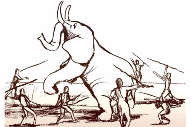 Ilustración de la caza ancestral de elefantes