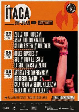 Cartel del Festival Ítaca, que celebrará tres noches de conciertos del 23 al 25 de junio de 2022 con una quincena de artistas