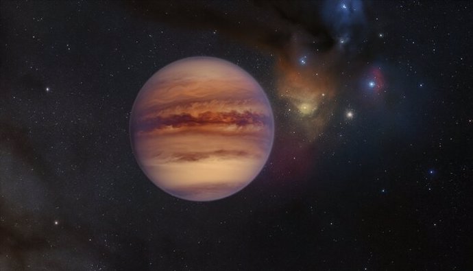 Ejemplo artístico de un planeta vagabundo con el complejo de nubes Rho Ophiuchi visible en el fondo.