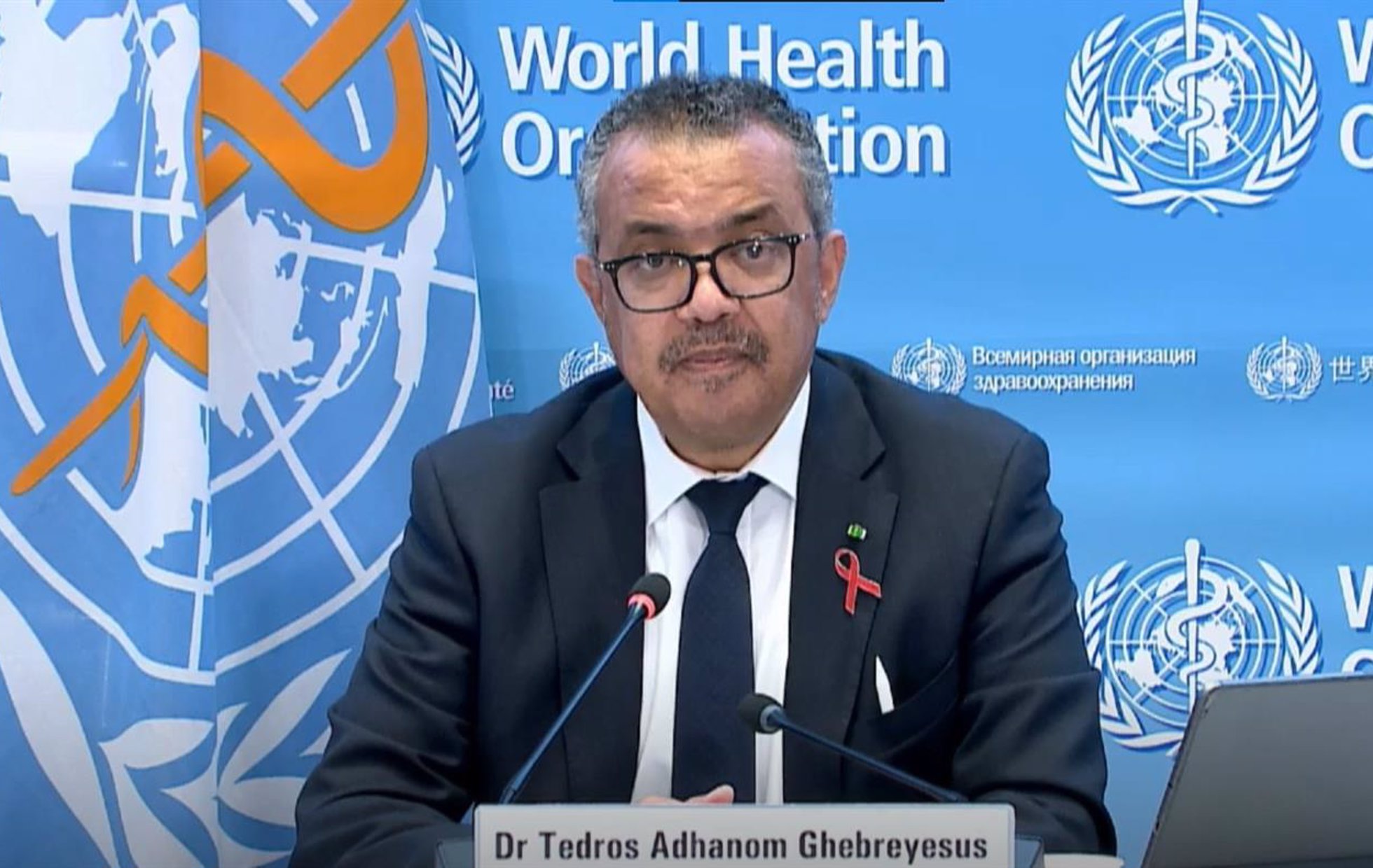 El director general de la Organización Mundial de la Salud (OMS), Tedros Adhanom Ghebreyesus, en rueda de prensa tras la Asamblea Mundial de la Salud. A 1 de diciembre de 2021.