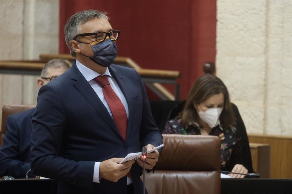 El portavoz del grupo parlamentario Vox, Manuel Gavira, durante su turno de pregunta en  la sesión de control al Gobierno andaluz