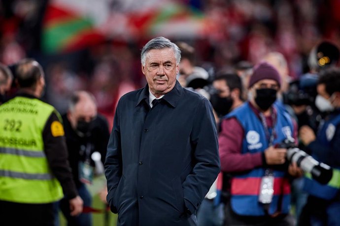 Carlo Ancelotti, coach of Real Madrid CF, looks on during the Spanish league, La Liga Santander, football match played between Athletic Club and Real Madrid CF at San Mames stadium on December 22, 2021 in Bilbao, Spain.