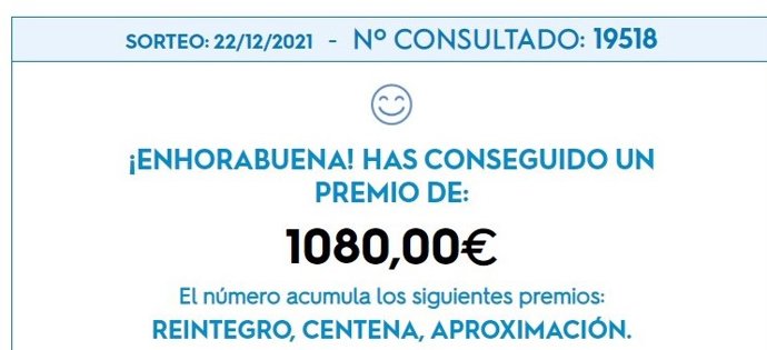 Captura de la web de Loterías donde informa del premio correspondiente al 19.518