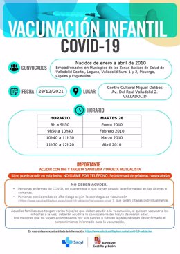 Cartel de Sacyl con la convocatoria de vacunación para los nacidos entre enero y abril de 2010 en Valladolid