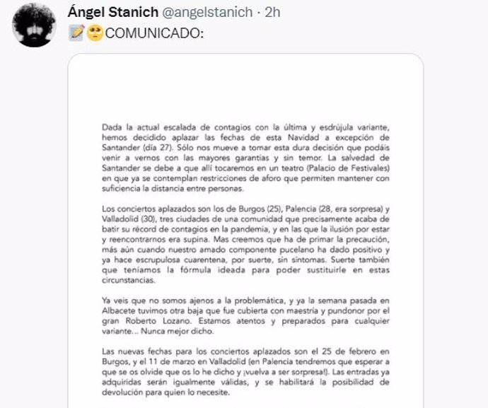 Comunicado del cantante y compositor Ángel Stanich en el que informa de la cancelación de conciertos en Burgos, Palencia y Valladolid.