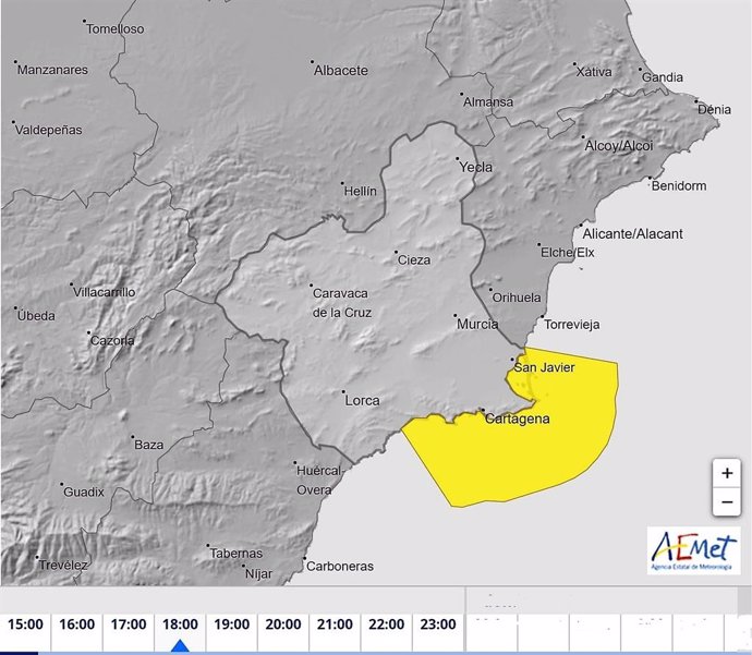 Aviso amarillo por fenómenos costeros en la Región de Murcia el 25 de diciembre