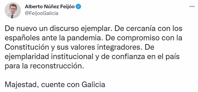 Tuit del presidente de la Xunta, Alberto Núñez Feijóo, sobre el discurso de Navidad del rey Felipe VI de 2021.