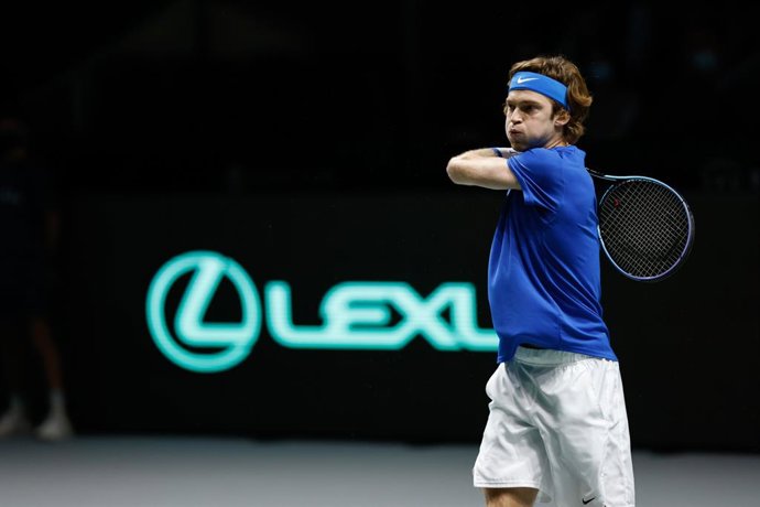 Andrey Rublev of Russia in action during the Davis Cup Finals 2021, Final, tennis match played between Russia and Croatia at Madrid Arena pabilion on December 04, 2021, in Madrid, Spain.