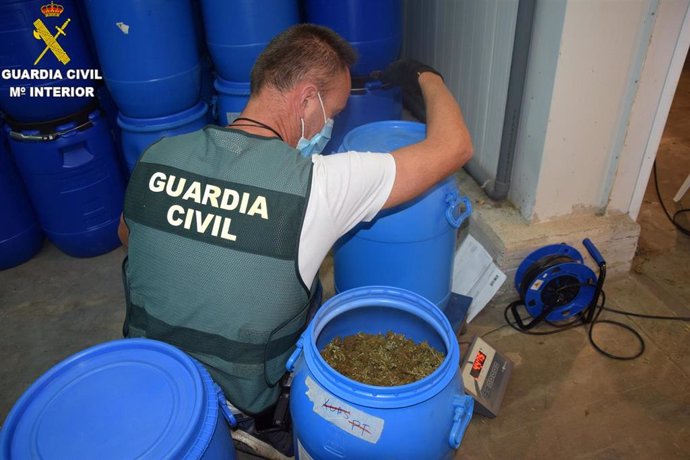 Imagen de un agente de la Guardia Civil con el material intervenido