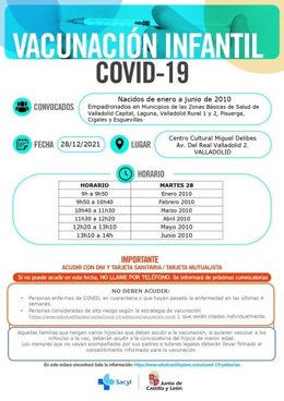 Llamamiento para la vacunación de niños nacidos en la primera mitad de 2010 en Valladolid.