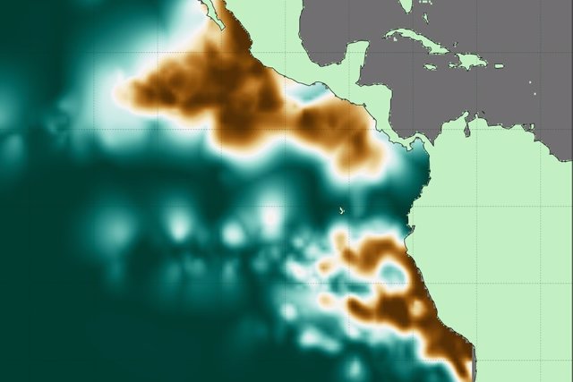 Intensidad de la zona deficiente de oxígeno a lo largo del Océano Pacífico oriental, donde los colores cobre representan las ubicaciones de concentraciones de oxígeno consistentemente más bajas y el verde azulado profundo indica regiones sin oxígeno disue