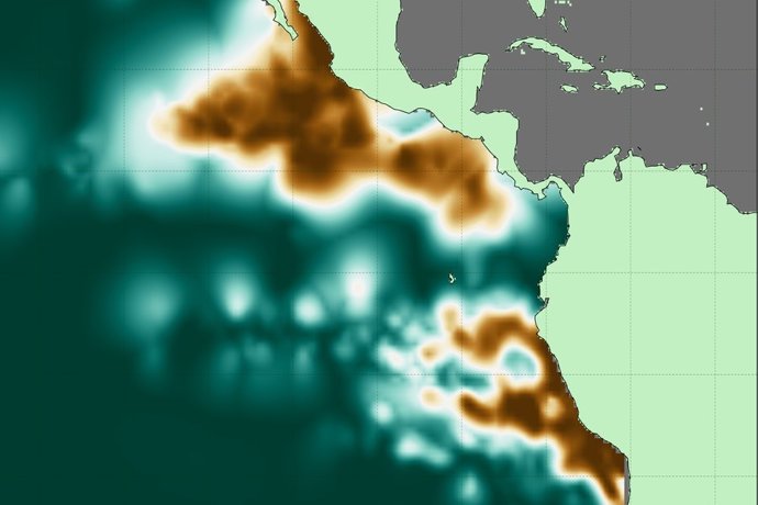Intensidad de la zona deficiente de oxígeno a lo largo del Océano Pacífico oriental, donde los colores cobre representan las ubicaciones de concentraciones de oxígeno consistentemente más bajas y el verde azulado profundo indica regiones sin oxígeno dis