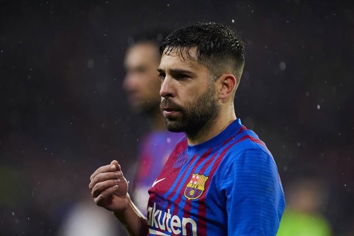 Jordi Alba of FC Barcelona gestures during the spanish league, La Liga Santander, football match played between Sevilla FC and FC Barcelona at Ramon Sanchez-Pizjuan stadium on December 21, 2021, in Sevilla, Spain.