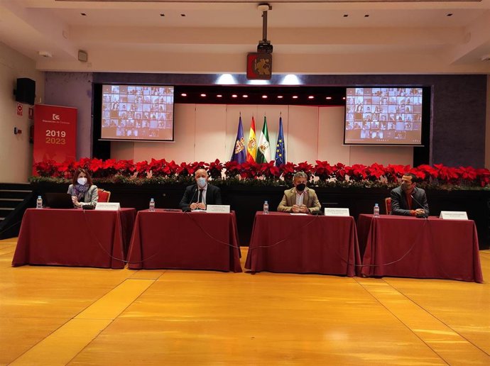 Ruiz y Sánchez (centro), durante el acto de firma en conexión telemática con los alcaldes.