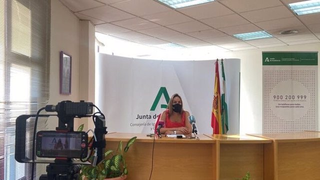 La delegada territorial de Igualdad, María Dolores Fernández, en rueda de prensa en Málaga
