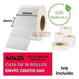 Rollos Etiquetas Térmicas Adhesivas 40x25 18ud sin bisfenol A.