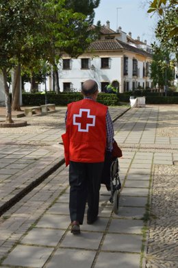 Un voluntario acompaña a una persona mayor.