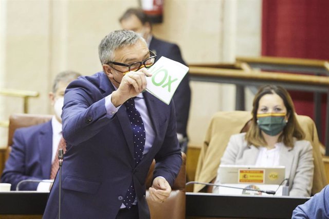 El portavoz del grupo parlamentario Vox, Manuel Gavira, pregunta durante la sesión de control al Gobierno Andaluz, a 16 de diciembre de 2021 en Sevilla (Andalucía, España)
