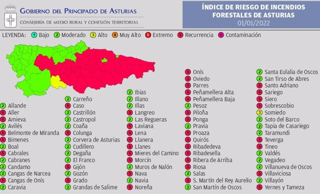 Mapa del riesgo de incendios en Asturias el 1 de enero de 2022