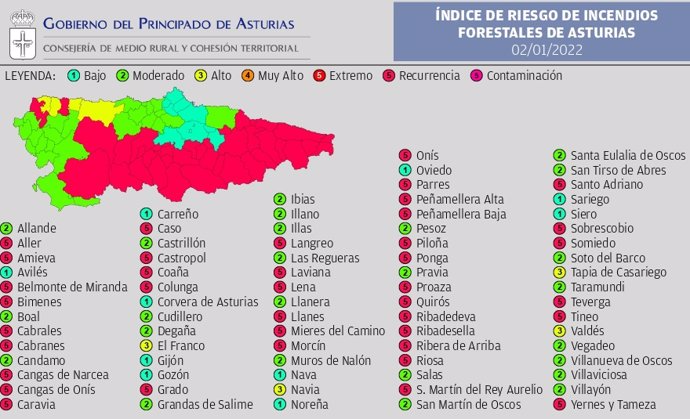 Mapa de riesgo de incendios en Asturias el 2 de enero de 2022