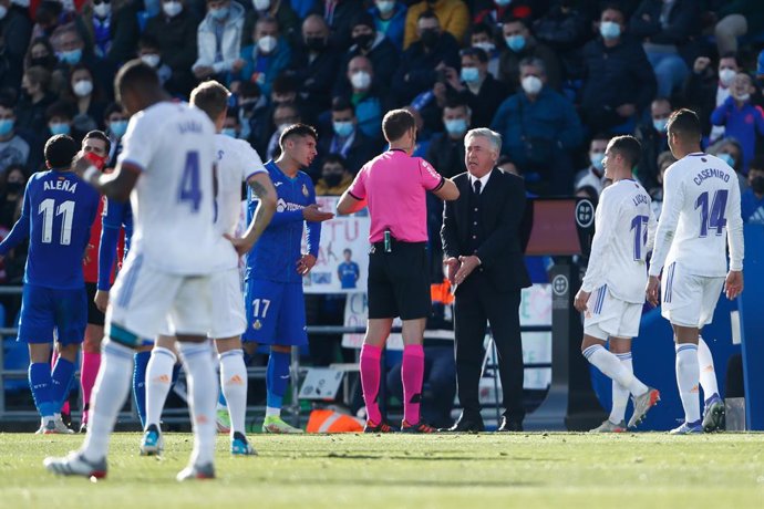 Carlo Ancelotti, coach of Real Madrid, see the yellow card during the Spanish League, La Liga Santander, football match played between Getafe CF and Real Madrid at Coliseum Alfonso Perez stadium on January 02, 2022, in Getafe, Madrid, Spain.