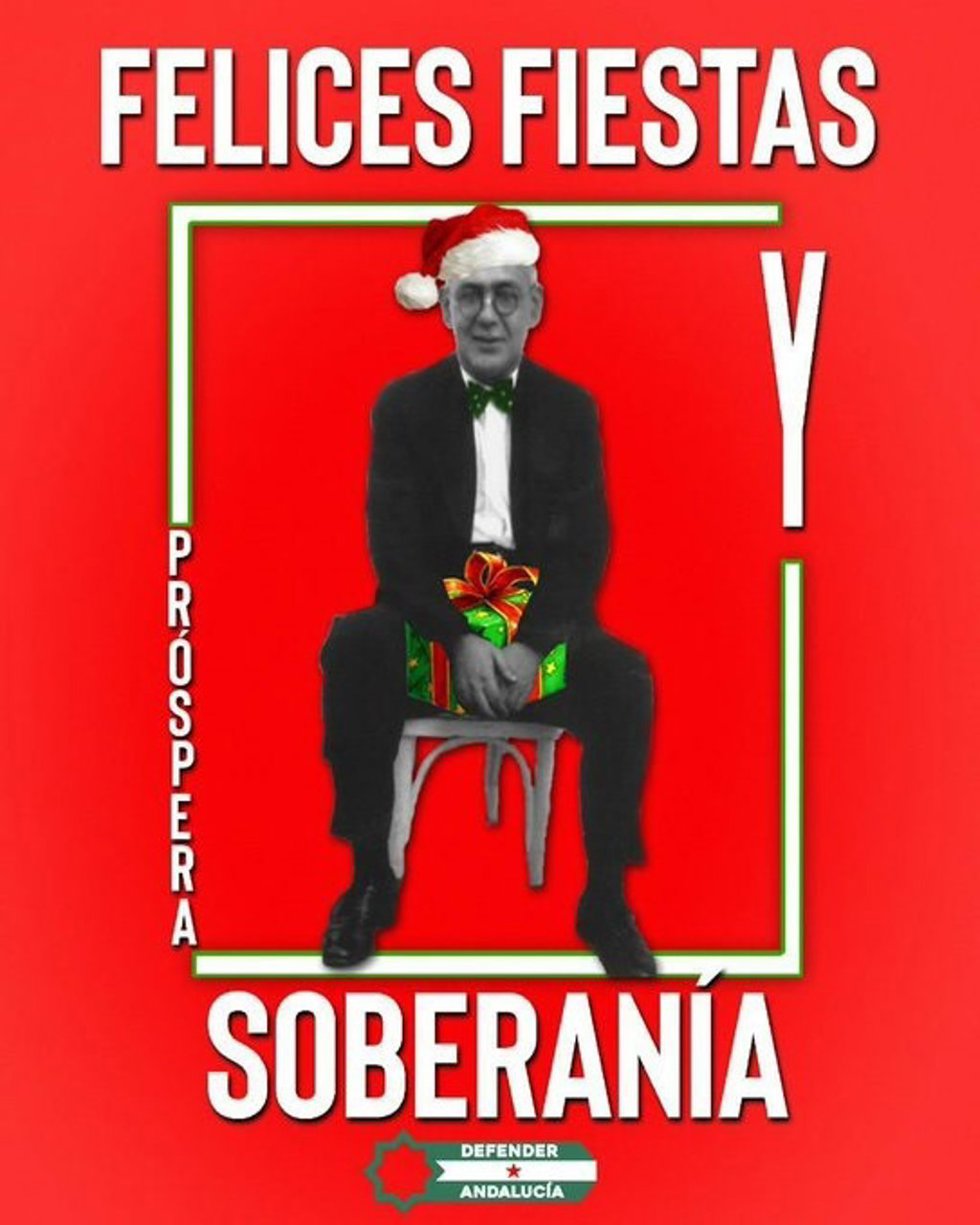 Felicitación navideña con un montaje de la imagen de Blas Infante difundida en redes sociales por Defender Andalucía y compartida en Twitter por Teresa Rodríguez