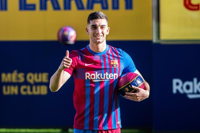 Ferran Torres attends during his presentation as new player of FC Barcelona at Camp Nou stadium on January 3, 2022, in Barcelona, Spain.