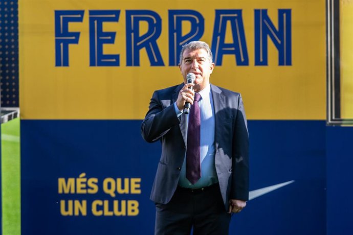 Joan Laporta attends during the presentation of Ferran Torres as new player of FC Barcelona at Camp Nou stadium on January 3, 2022, in Barcelona, Spain.