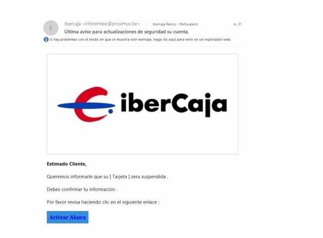 Archivo - Imagen de uno de los emails fraudulentos contra Ibercaja.