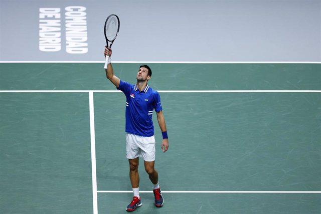 Archivo - El tenista serbio Novak Djokovic celebra una victoria en las Finales de la Copa Davis de Madrid