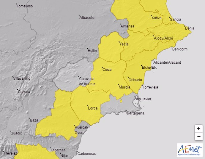 Zonas afectadas por el aviso amarillo por vientos