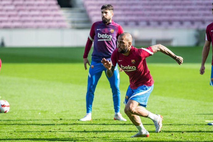 Dani Alves in action during the FC Barcelona training session at Camp Nou Stadium on January 3, 2022 in Barcelona, Spain.