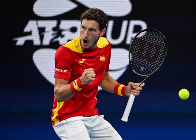Pablo Carreno Busta of Team Spain celebrates during his match against Filip Krajinovic of Team Serbia on Day 5 of the ATP Cup tennis tournament at the Ken Rosewall Arena in Sydney, Wednesday, January 5, 2022. (AAP Image/James Gourley) NO ARCHIVING, EDITOR