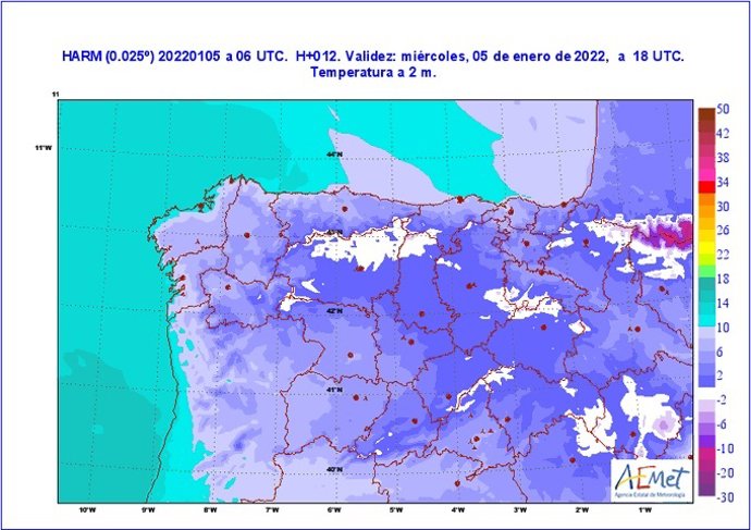 Mapa facilitado por la Aemet sobre la previsión meterológica durante las Cabalgatas de Reyes Magos