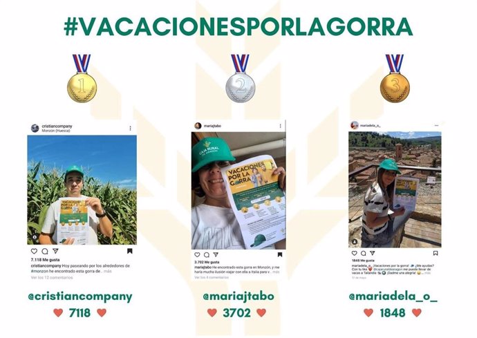 Imagen de los ganadores en Instagram del concurso #vacacionesporlagorra, de Caja Rural de Aragón.
