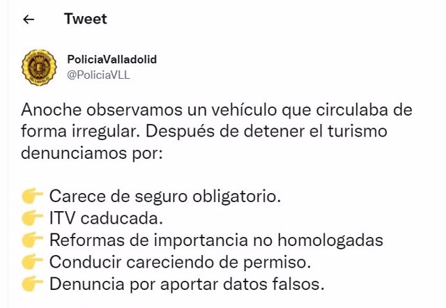 Captura del mensaje de la Policía de Valladolid sobre el turismo tuneado