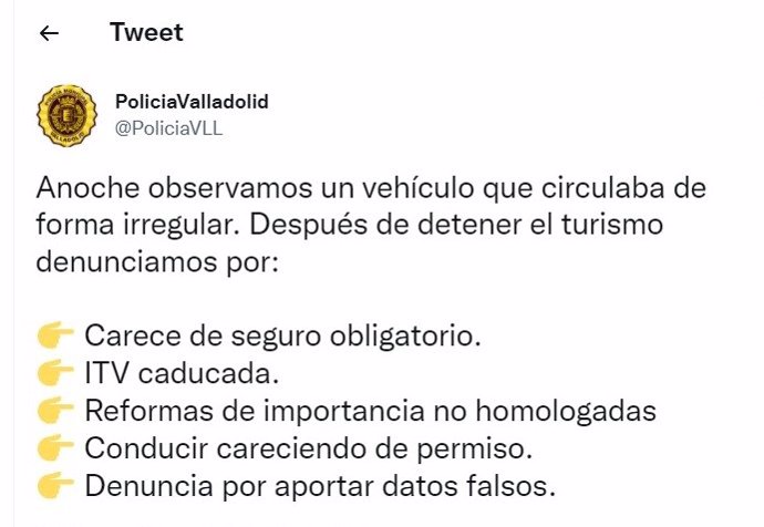 Captura del mensaje de la Policía de Valladolid sobre el turismo tuneado