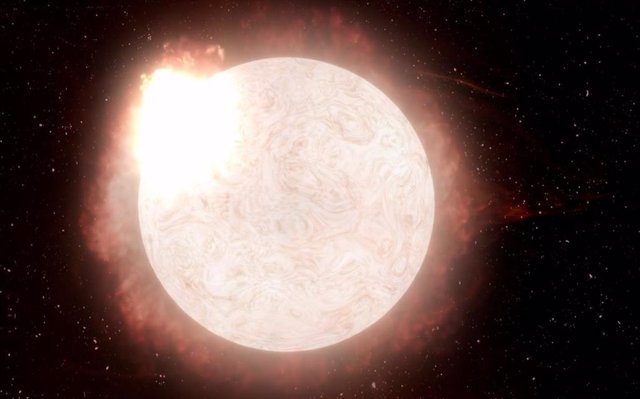 La interpretación de un artista de una estrella supergigante roja en transición a una supernova de Tipo II, emitiendo una violenta erupción de radiación y gas en su último aliento antes de colapsar y explotar.